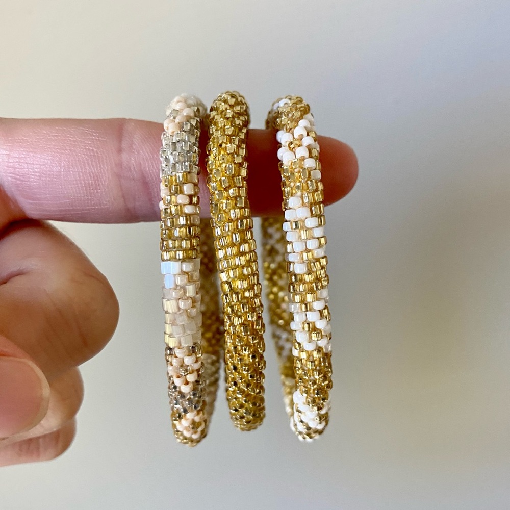 Set of 3 Gold Glass Bead Bracelets with FREE purple bracelet